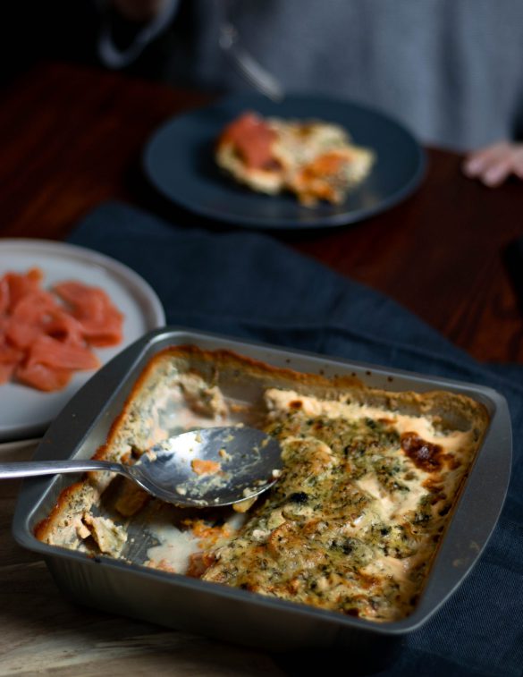 Kartoffel-Süßkartoffel-Gratin mit Räucherlachs | fructosearm, laktosefrei, zuckerfrei